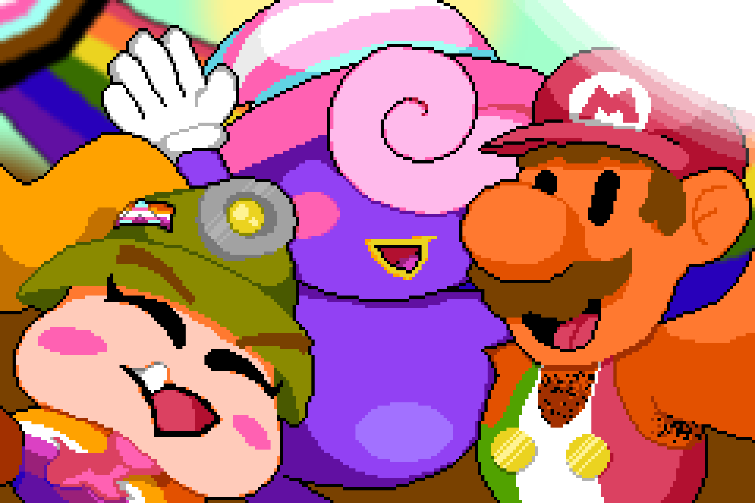 Mario, Goombalina, and Vivian from The Thousand Year Door at a pride parade. Goombalina is wearing a lesbian pride shirt, Vivian a trans pride hat, and Mario is wearing overalls with the italian flag while looking very bearish.